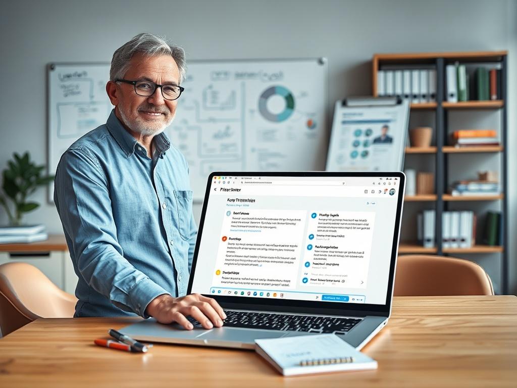 Create a highly detailed and realistic high-resolution photo focused on the theme of cybersecurity training and email filtering against phishing attacks. The composition should be simple and clear, featuring a single subject: a professional IT trainer in a modern, well-lit office environment. 

The trainer, a middle-aged man or woman with an approachable demeanor, should be depicted standing beside a sleek desk with a laptop open in front of them, displaying an email interface showing various filtered messa