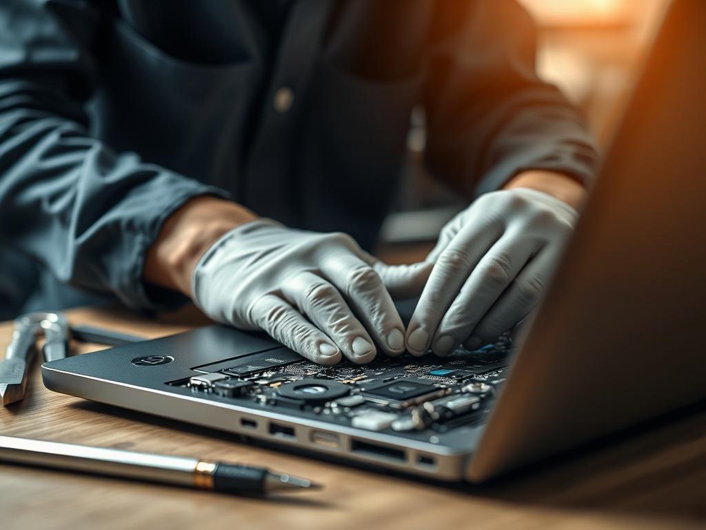 A close-up shot of a skilled technician repairing a laptop, focused on the technician's hands working on the laptop's internal components. The background should be softly blurred to emphasize the repair process, with tools neatly arranged next to the laptop. The lighting should be bright and clear, highlighting the details of the laptop's hardware and the technician's expertise. The overall tone should feel professional and inviting.