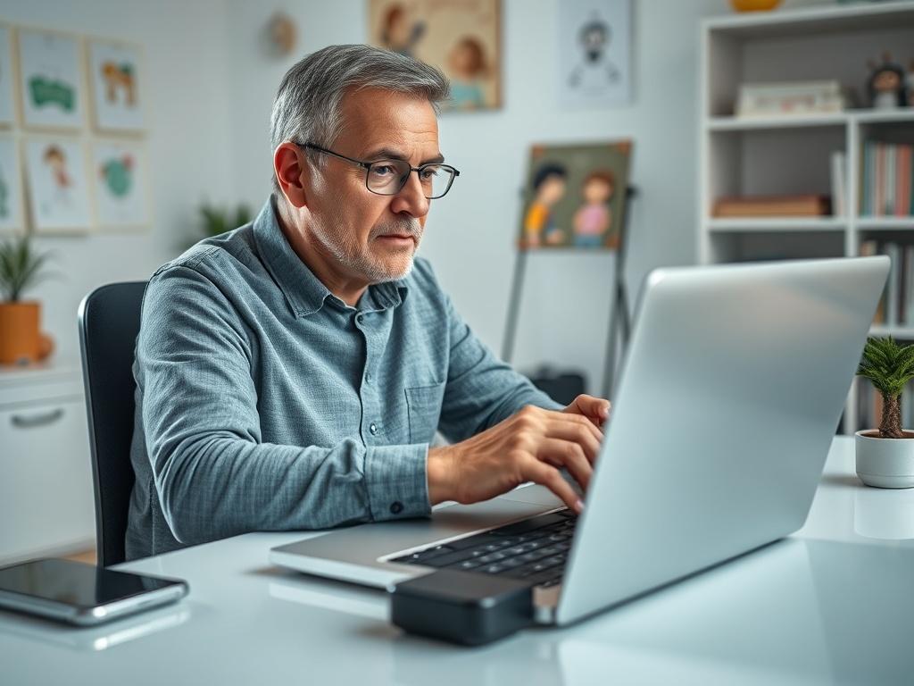 Create a highly realistic, high-resolution image that reflects the theme of parental control and child safety online, specifically focusing on the phrase "kontrola rodzicielska na komputerze". The composition should feature a single subject: a concerned parent, a middle-aged person, attentively seated at a modern desk with a laptop open in front of them. 

The parent should be depicted in the process of configuring parental control settings on the laptop, with their expression showing focus and determinatio