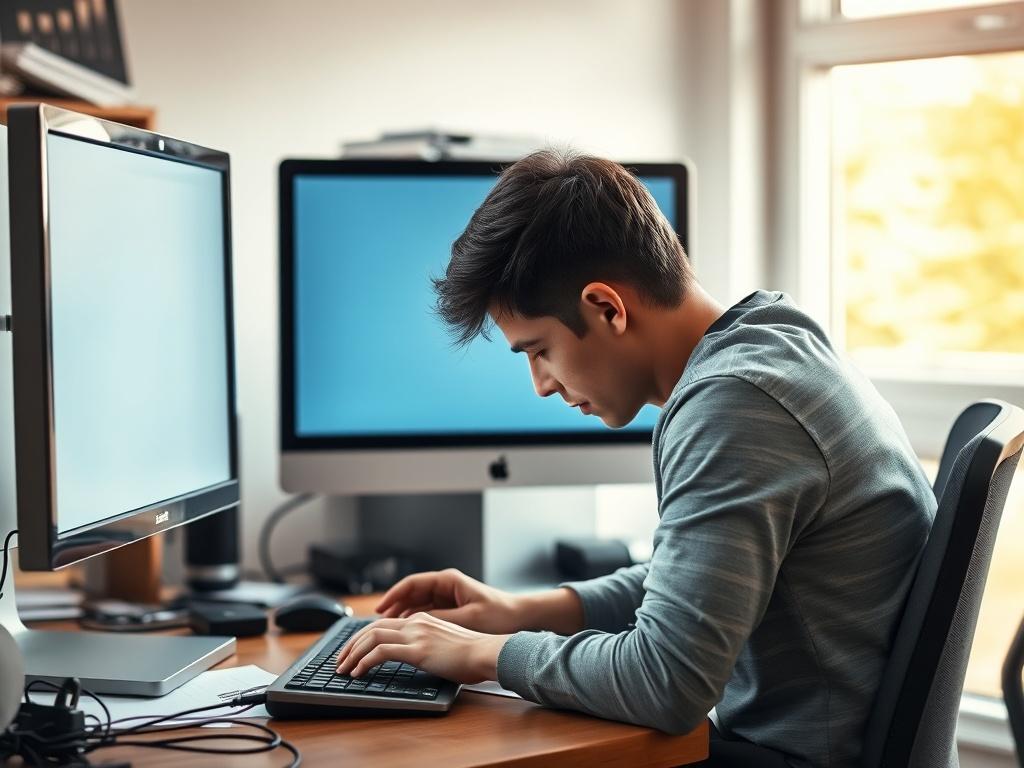 Create a highly realistic, high-resolution photo that depicts a frustrated user sitting at a cluttered desk, staring at a computer monitor that displays a blank screen. The user is a young adult, showing visible signs of concern and confusion, as they rest their head on one hand while the other hand is placed on the keyboard. The environment should be a well-lit home office, with subtle hints of disarray, like scattered papers and an unplugged power cable on the desk. 

In the background, include a soft-foc