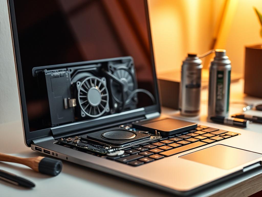 Create a realistic high-resolution photo that encapsulates the essence of the blog title "Pasta Termoprzewodząca: Kiedy Wymieniać i Czy Ma To Wpływ na Cichą Pracę Laptopa?". The composition should feature a close-up view of a laptop open on a clean workspace. The laptop's interior should be clearly visible, highlighting the thermal paste applied to the CPU and GPU, which should have a smooth and well-distributed appearance. 

To hint at the context of the blog, incorporate subtle elements around the laptop,