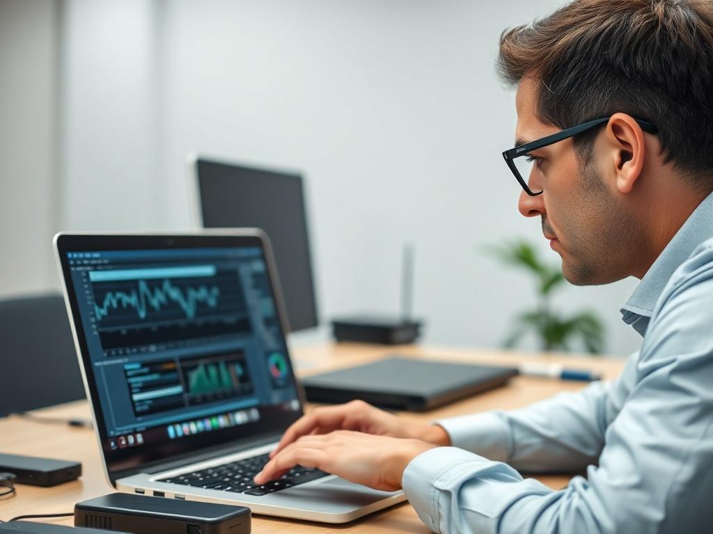 Create a realistic high-resolution photo that embodies the theme of a blog titled "Jak Usunąć Wirusa z Komputera? Profesjonalne Odwirusowanie Krok po Kroku." The main subject of the image should be a focused and close-up shot of a professional IT specialist, male or female, in a modern office setting, attentively examining a laptop screen. The technician should appear engaged and concentrated, wearing a professional outfit, such as a smart-casual shirt and glasses.

In the background, keep the setting simpl